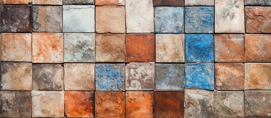 Poster - A close up of a brown brick wall featuring colorful tiles in a rectangular pattern, showcasing the artistry of visual arts and symmetry in building materials