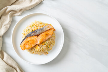 Sticker - fried rice with grilled salmon fillet steak