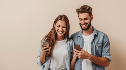 a man and a woman immersed in their cell phones, oblivious to the world around them, young smiling h