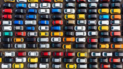 Poster - Aerial view of an expansive car lot showing numerous vehicles of different colours and models  AI generated illustration