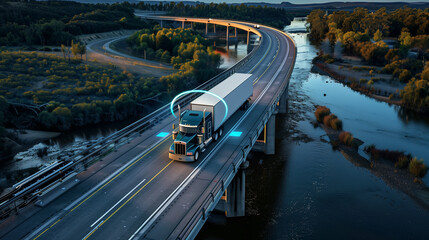 A semi truck moves across a bridge spanning a river, showcasing strength and movement in an industrial setting, Autonomous semi-truck with a trailer, controlled by artificial intelligence, drives over