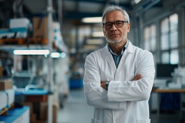 portrait of professional family doc standing in white lab coat with crossed arms and looking at came