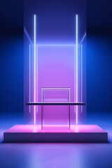 Aufkleber - An elegant display featuring a purple scene devoid of any distractions lit up by piercing blue neon line lamps and focused on a pink digital podium AI generated illustration