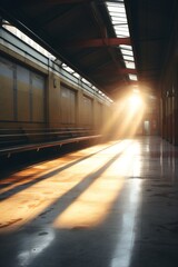 Poster - An empty subway platform with sunlight beaming down from the ceiling skylights  AI generated illustration