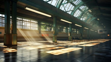 Poster - An empty subway platform with sunlight beaming down from the ceiling skylights  AI generated illustration