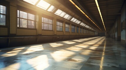 Poster - An empty subway platform with sunlight beaming down from the ceiling skylights  AI generated illustration