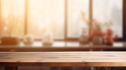 Poster - An empty wooden table in a softly blurred modern interior background  AI generated illustration