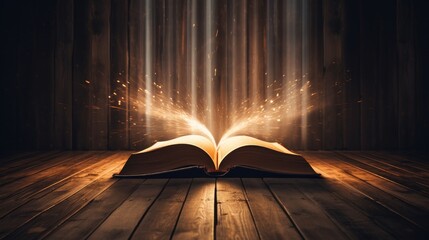 Aufkleber - An enchanting open book on a rustic wooden table with illuminated rays of light radiating from the pages  AI generated illustration