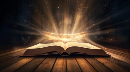 Wall Mural - An enchanting open book on a rustic wooden table with illuminated rays of light radiating from the pages  AI generated illustration