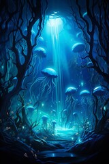 Poster - An underwater scene lit by neon bioluminescent creatures  AI generated illustration