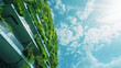 Towering building adorned with lush green plants climbing its exterior walls, Green skyscraper building with plants growing on the facade. Ecology and green living in city, urban environment concept