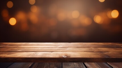 Poster - Artistic image of an empty brown wooden tabletop on a shelf with an unfocused background  AI generated illustration