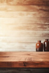 Aufkleber - Artistic image of an empty brown wooden tabletop on a shelf with an unfocused background  AI generated illustration