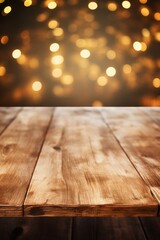 Poster - Artistic image of an empty brown wooden tabletop on a shelf with an unfocused background  AI generated illustration