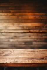 Poster - Artistic image of an empty brown wooden tabletop on a shelf with an unfocused background  AI generated illustration