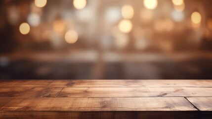 Poster - Artistic image of an empty brown wooden tabletop on a shelf with an unfocused background AI generated illustration