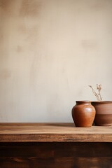 Aufkleber - Artistic image of an empty brown wooden tabletop on a shelf with an unfocused background AI generated illustration