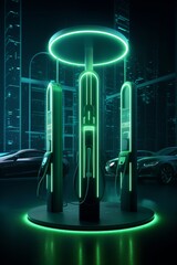 Aufkleber - Artistic rendering of a charging station for electric cars highlighted by green lights  AI generated illustration