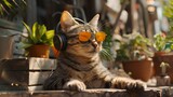 Fototapeta Do akwarium - A suave tabby cat relaxes in the sun, sporting a pair of orange sunglasses and listening to tunes on a pair of headphones, exuding ultimate coolness.