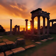 Generate photos of sunsets casting a warm glow on the ancient ruins - generated by ai