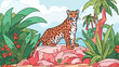 Leopard sits on a stone in the jungle. Coloring pag