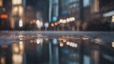Fototapeta  - cityscape reflected in a puddle after a rainstorm. The buildings appear distorted and elongated, creating a dreamlike quality.