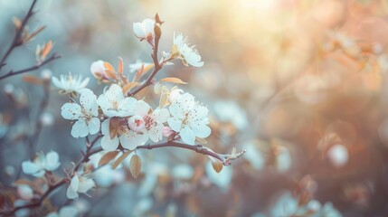  Romantic blooming bush branches in spring blurry close-up background. Shallow focus. Background in pastel, warm, brown, grey tones,Twigs of flowering fruit trees with selective focus, toned