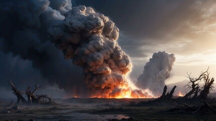 Canvas Print - A volcano erupting in the middle of a field. Generative AI.