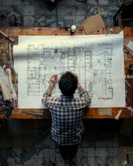 Wall Mural - A man drawing a blueprint on paper at work. Generative AI.