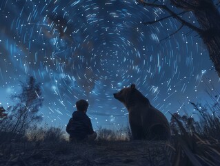 A boy and a bear sitting in the woods watching stars. Generative AI.