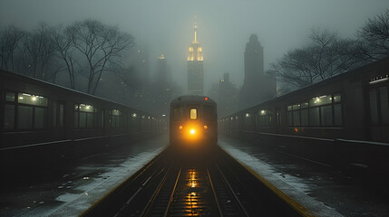 Wall Mural - Train in the city - fog - cloudy - freight - transportation 