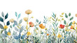Watercolor Hand Drawn Wildflower Border on White Background, Featuring Various Leaves and Flowers in Pastel Yellow and Green Tones. Vector Illustration with Detailed Design and Realistic Feel.