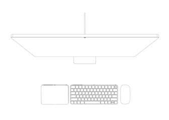 Poster - Monitor PC mockup. Outline thin frame monitor or PC with mouse and keyboard isolated on white background. Contour for web site, presentation, or advertising. Vector monitor, keyboard, computer mouse