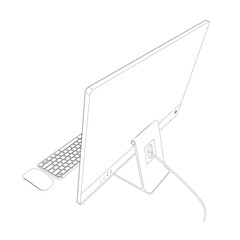 Poster - Monitor PC mockup. Outline thin frame monitor or PC with mouse and keyboard isolated on white background. Contour for web site, presentation, or advertising. Vector monitor, keyboard, computer mouse