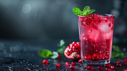 Wall Mural - A refreshing glass of pomegranate juice with seeds and mint