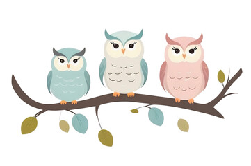 Wall Mural - owls are sitting in a row on a tree branch. isolated transparent background. Wall decor, wall art sticker, banner, home decoration