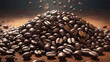 Roasted coffee beans falling in a pile on table top. Roasted whole coffee . Top view photo. Food background with copy space.
