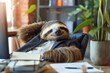 Sloth being lazy in the office, Lazy employee on his working place in office, Generative AI
