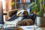 Fototapeta  - Sloth being lazy in the office, Lazy employee on his working place in office, Generative AI