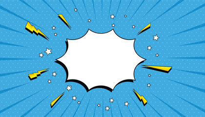 Poster - Blank comic cartoon blue background with star and thunder lightning. empty dialog background thunder lightning. Comic background cartoon style