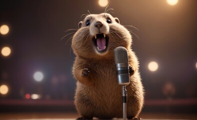 Wall Mural - gopher sings karaoke into a vintage microphone gopher screaming into a microphone