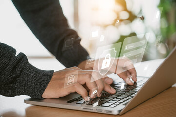 Fototapete - The concept of cyber security and online password login. hands typing and entering a social media username and password, log in online bank account or personal information, hacker for data protection