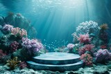 Fototapeta Do akwarium - Underwater 3d podium surrounded by coral reefs, ideal for marine products