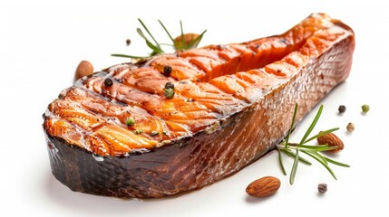 Wall Mural - Salmon roast steak isolated on white background.