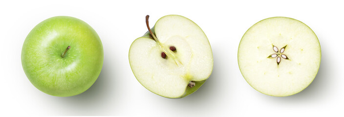 Poster - Green apple with cut in half sliced isolated on white background. top view, flat lay.