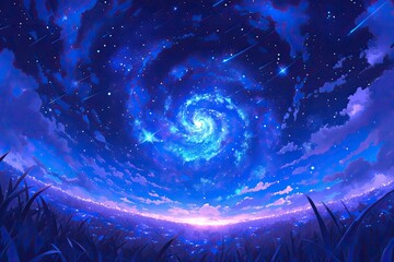 Wall Mural - Black hole, in the anime style, with a energy explosion around the black hole, against a fantasy world background, in the anime art style, as a concept design