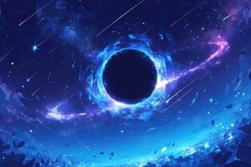 Wall Mural - Black hole, in the anime style, with a energy explosion around the black hole, against a fantasy world background, in the anime art style, as a concept design