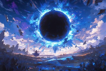 Wall Mural - Black hole, in the anime style, with a energy explosion around the black hole, against a fantasy world background, in the anime art style, as a concept design