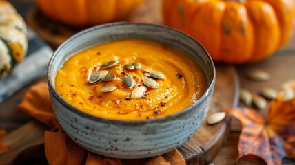 A bowl of creamy pumpkin soup with roasted pumpkin seeds on top