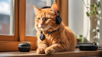 Wall Mural - A mischievous orange tabby cat sits on a windowsill, using a hand speaker to notify its owner of its latest escapade.